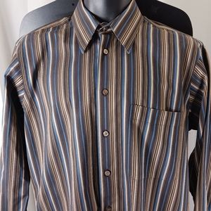 PAUL FREDRICK Brown&Blue Embroidered Stripes Cotton Button Down Shirt Like New